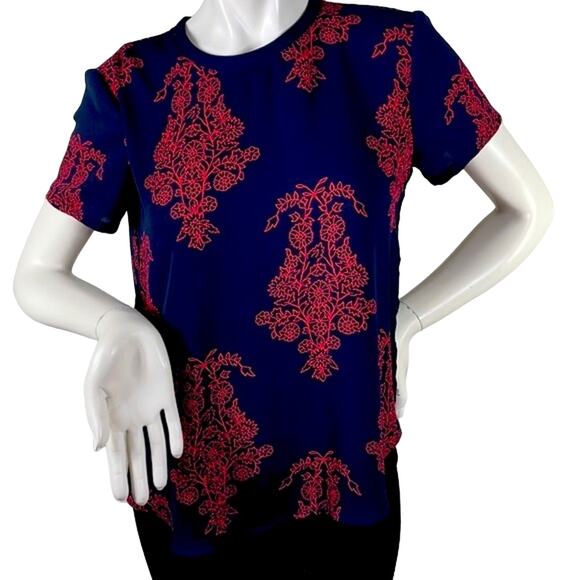 Loft Petites Black Red Floral Blouse Back Button Closure M/L see measurements - Picture 14 of 14